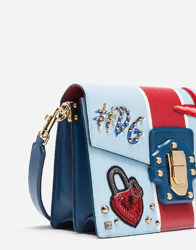 Shop Dolce & Gabbana Lucia Shoulder Bag In Printed Calfskin With Embroidery In Azure