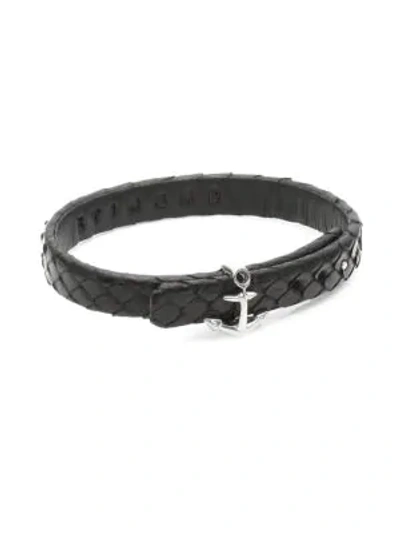 Shop Stinghd Silver Anchor And Leather Bracelet In Black