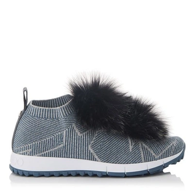 Shop Jimmy Choo Norway Dusk Blue Knit And Steel Mix Lurex Trainers With Fur Pom Poms In Dusk Blue/steel Mix
