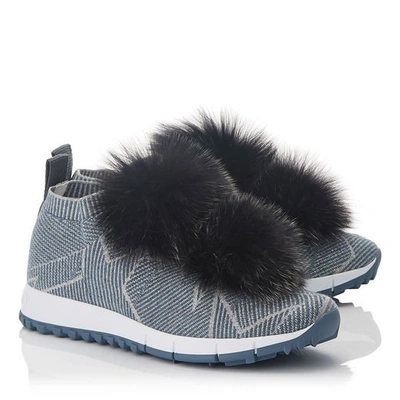 Shop Jimmy Choo Norway Dusk Blue Knit And Steel Mix Lurex Trainers With Fur Pom Poms In Dusk Blue/steel Mix