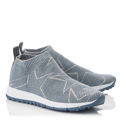 Shop Jimmy Choo Norway Dusk Blue Knit And Silver Lurex Trainers In Dusk Blue/silver