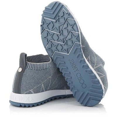 Shop Jimmy Choo Norway Dusk Blue Knit And Silver Lurex Trainers In Dusk Blue/silver