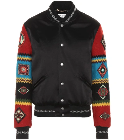 Shop Saint Laurent Embroidered Satin Bomber Jacket In Black