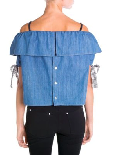 Shop Miu Miu Off-the-shoulder Ruffled Denim Blouse