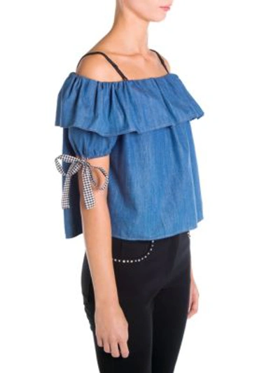 Shop Miu Miu Off-the-shoulder Ruffled Denim Blouse