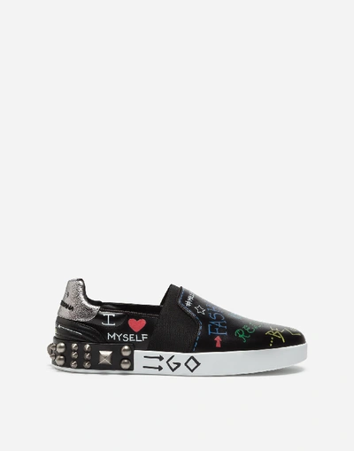 Shop Dolce & Gabbana Portofino Slip-on Sneakers In Printed Calfskin In Black