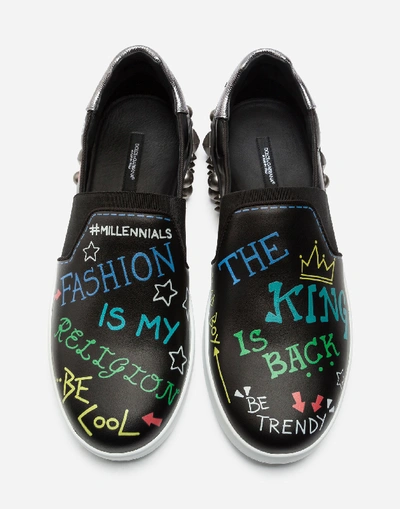 Shop Dolce & Gabbana Portofino Slip-on Sneakers In Printed Calfskin In Black