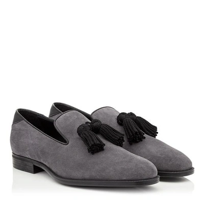 Shop Jimmy Choo Foxley Slate Dry Suede Contrast Tasselled Slippers