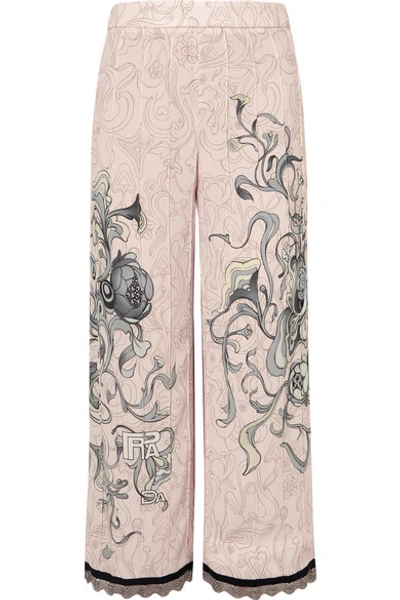 Shop Prada Cropped Chain-trimmed Printed Crepe Straight-leg Pants In Pastel Pink