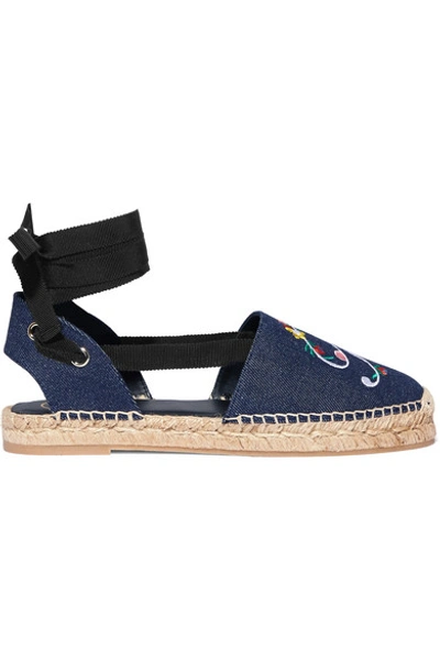 Shop Roger Vivier Embroidered Denim Espadrilles In Dark Denim