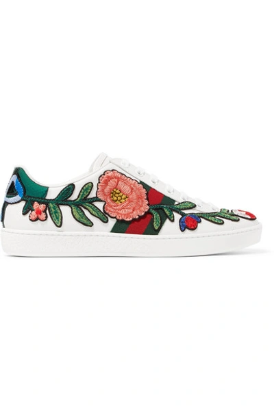 Shop Gucci Ace Watersnake-trimmed Appliquéd Leather Sneakers In White