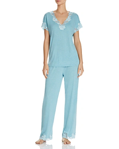 Shop Natori Zen Floral Lace-trim Short Sleeve Pajama Set In Heather Enamel Blue
