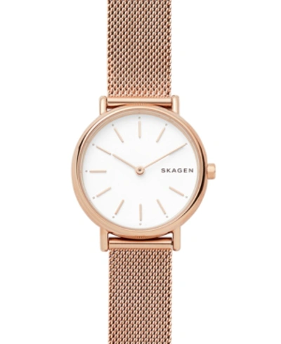 Skagen Women's Signatur Slim Rose Gold-tone Stainless Steel Mesh Bracelet Watch 30mm In Rose Gold/ White/ Rose Gold