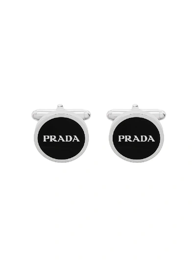 Shop Prada Logo Embossed Round Cufflinks - Metallic