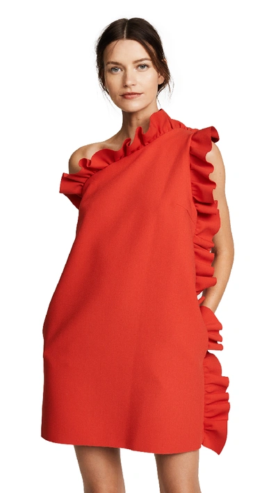 Shop Msgm One Shoulder Crepe Ruffle Dress In Red