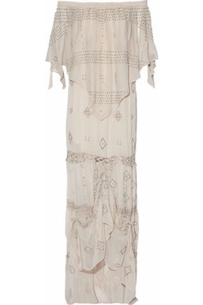 Shop Haute Hippie Woman Off-the-shoulder Embellished Crinkled Gauze Maxi Dress Ecru