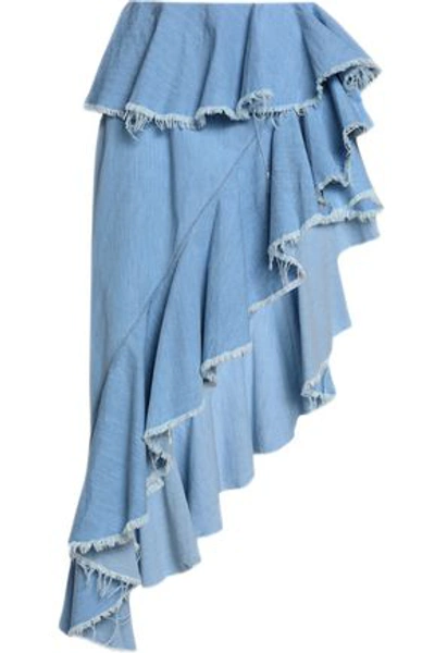 Shop Marques' Almeida Woman Asymmetic Cotton-chambray Midi Skirt Sky Blue