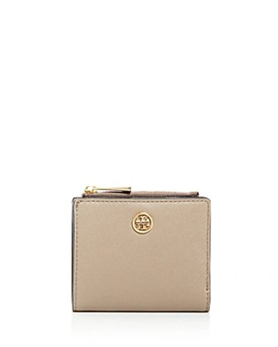 Shop Tory Burch Robinson Mini Leather Wallet In French Grey/gold
