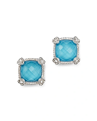 Shop Judith Ripka Cushion Stud Earrings With White Sapphire And Turquoise Doublets In Blue/silver
