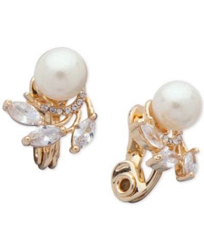Shop Anne Klein Cubic Zirconia & Imitation Pearl E-z Comfort Clip-on Earrings In Gold