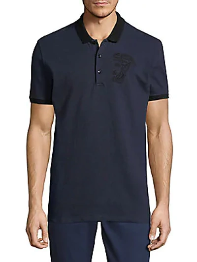 Shop Versace Embroidered Cotton Polo In Blue+print