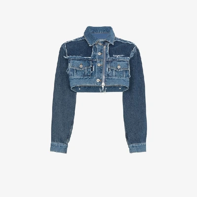 Shop Off-white Cropped Denim Jacket With Zip In Blue