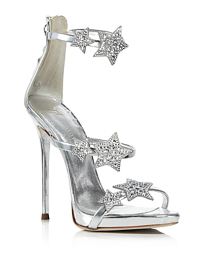 Shop Giuseppe Zanotti Women's Strappy Leather & Crystal Embellished Star High-heel Sandals In Argento Silver