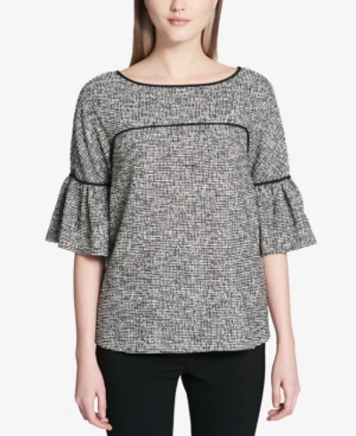 Shop Calvin Klein Tweed Elbow-sleeve Blouse In Black/white Tweed