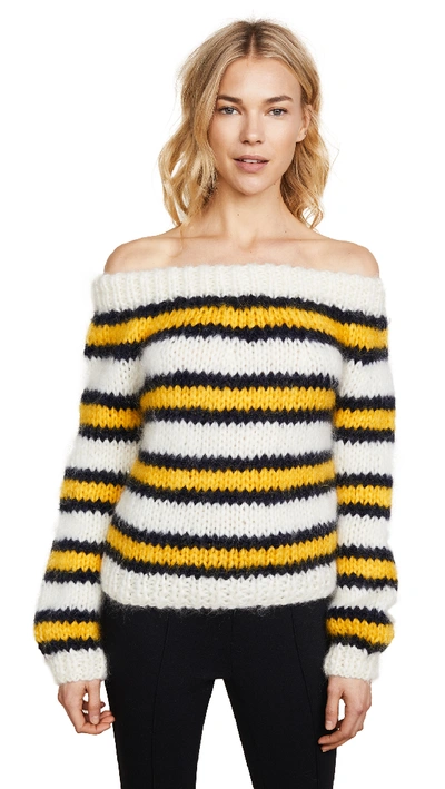 Shop Ganni The Striped Julliard Mohair Sweater In Black Color