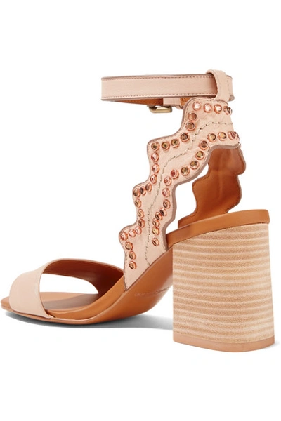 Shop See By Chloé Crystal-embellished Scalloped Leather Sandals In Beige
