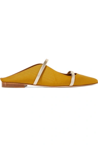 Shop Malone Souliers Maureen Metallic Leather-trimmed Moire Point-toe Flats In Gold