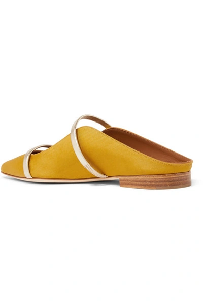 Shop Malone Souliers Maureen Metallic Leather-trimmed Moire Point-toe Flats In Gold