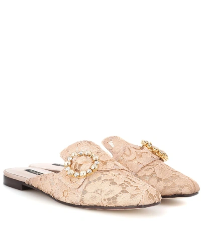 Shop Dolce & Gabbana Jackie Crystal-embellished Lace Slippers In Pink