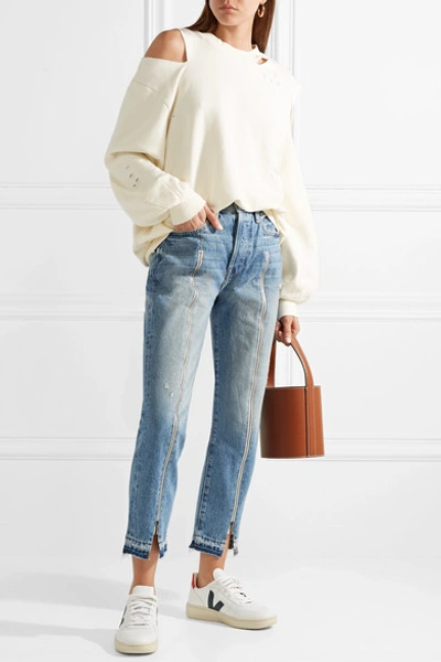 Shop Frame Le Original Zip-embellished Frayed High-rise Straight-leg Jeans In Mid Denim