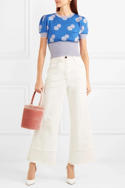 Shop Miu Miu Cropped Frayed High-rise Flared Jeans In Ivory