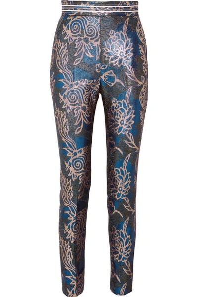 Shop Peter Pilotto Metallic Jacquard Tapered Pants In Blue