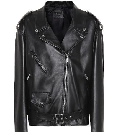 Shop Prada Fly Leather Moto Jacket In Black