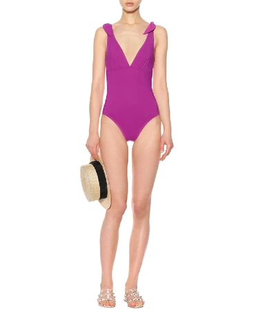 Shop Karla Colletto Barcelona V-neck Swimsuit In Purple