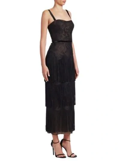 Shop David Meister Lace Fringe Midi Dress In Black