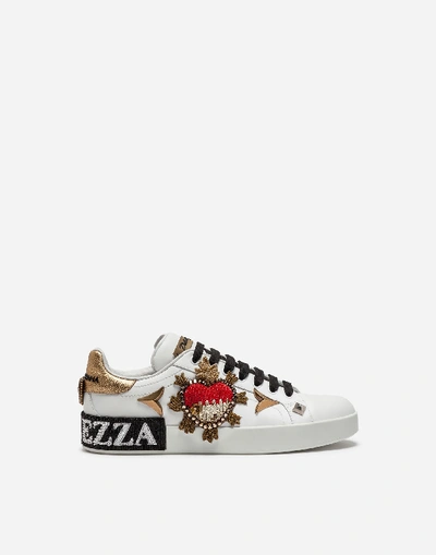 Shop Dolce & Gabbana Calfskin Portofino Sneakers With Embroidery And Appliqués In White