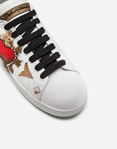 Shop Dolce & Gabbana Calfskin Portofino Sneakers With Embroidery And Appliqués In White