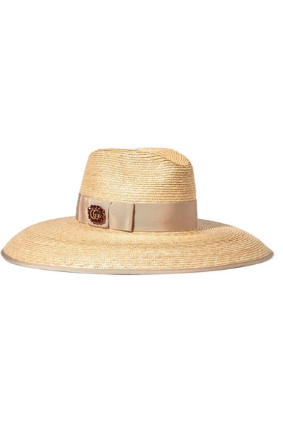 Shop Gucci Embellished Grosgrain-trimmed Straw Hat In Beige