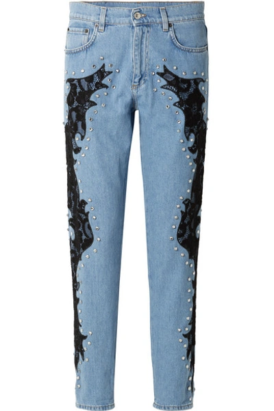 Shop Moschino Lace-appliquéd And Crystal-embellished Boyfriend Jeans In Blue