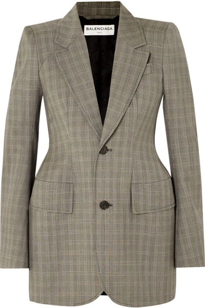 Shop Balenciaga Hourglass Checked Wool And Mohair-blend Blazer In Beige