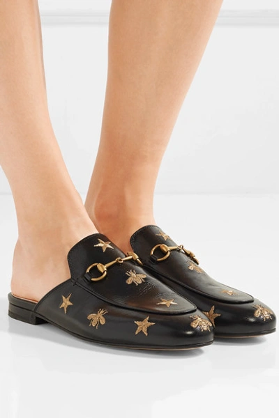 Shop Gucci Princetown Horsebit-detailed Embroidered Leather Slippers In Black