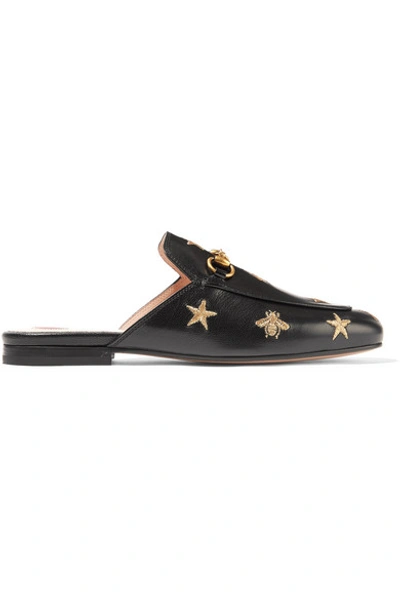 Shop Gucci Princetown Horsebit-detailed Embroidered Leather Slippers In Black