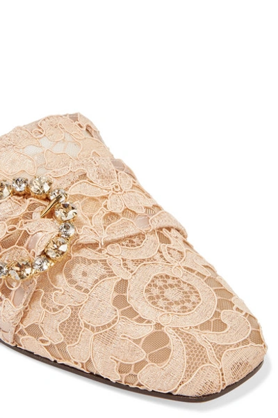Shop Dolce & Gabbana Crystal-embellished Corded Lace Slippers In Peach