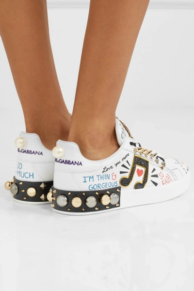 Shop Dolce & Gabbana Embellished Printed Leather Sneakers
