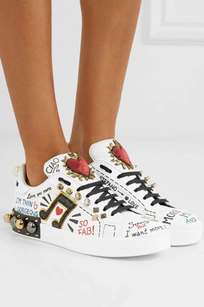 Shop Dolce & Gabbana Embellished Printed Leather Sneakers