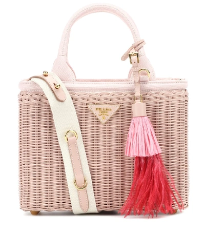 Shop Prada Leather-trimmed Wicker Tote In Pink